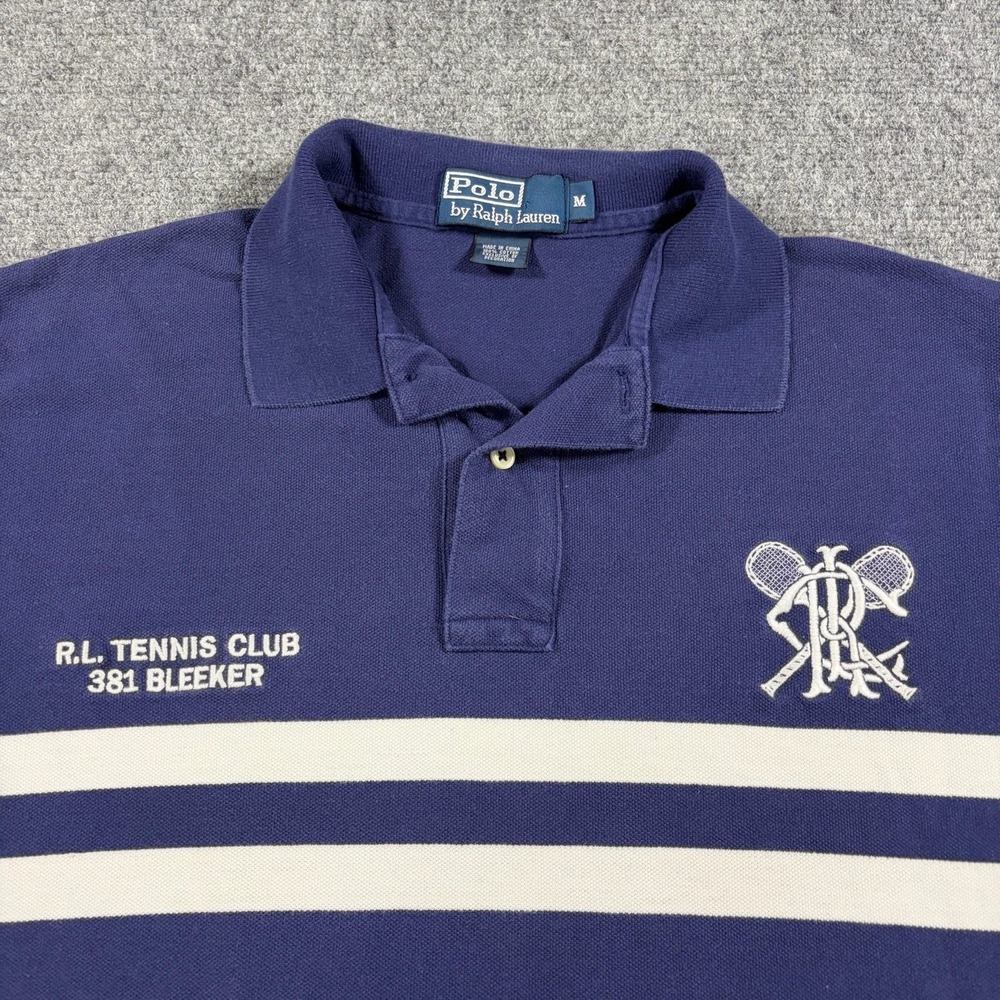 Polo Ralph Lauren Tennis Shirt Mens M Blue 90s Embroidered Racket Scribble Fade